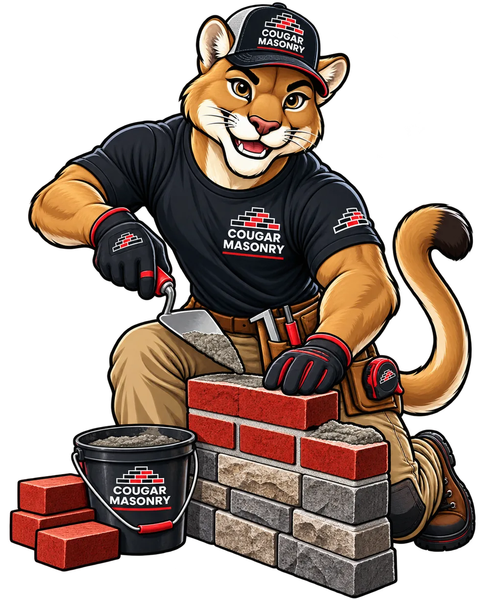 Cougar Masonry mascot laying brick