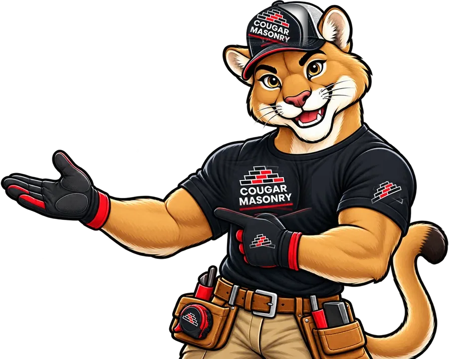Cougar Masonry mascot pointing to the free estimate